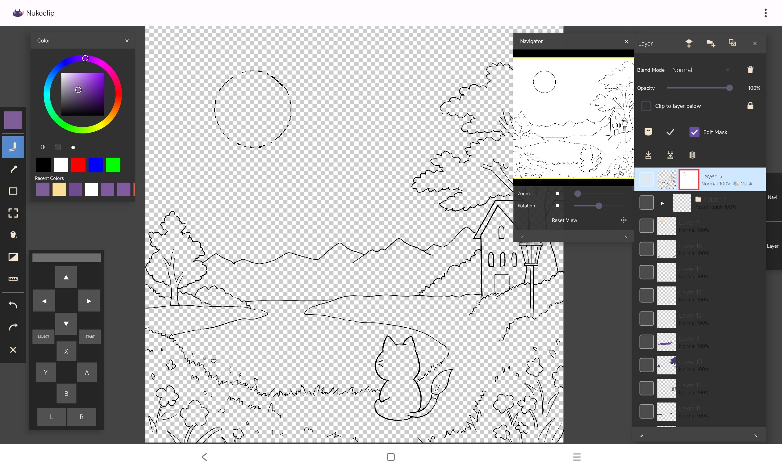 NukoClipの編集画面(レイヤーマスク編集中、線画のみ表示)
